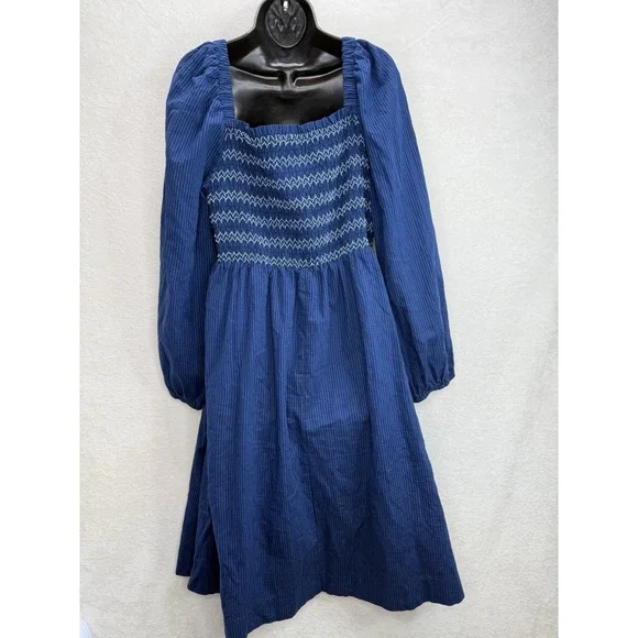 Draper James RSVP Puff Sleeve Smocked Bodice Blue Stripe Dress Size XL - Picture 4 of 9